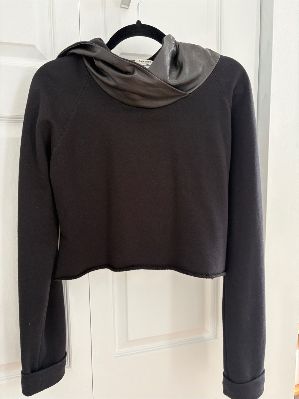Lamarque Black Cropped Sweater with Leather-Trim Hoodie